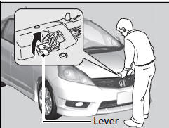 3. Push up the hood latch lever in the center