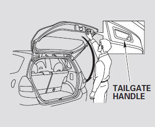 To close the tailgate, hold the tailgate handle, lower the tailgate, then press