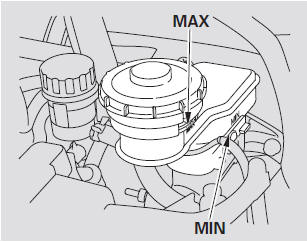 The fluid level should be between theMINandMAXmarks on the side of the reservoir.