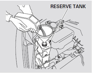 If the coolant level in the reserve tank is at or below the MIN line, add coolant